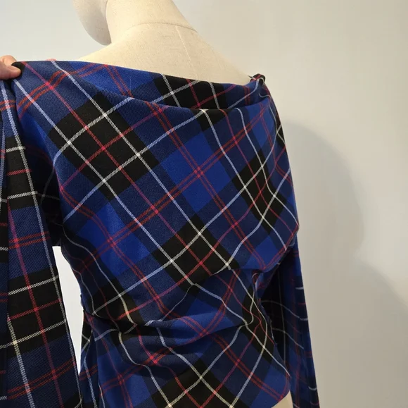 Zara Blue Plaid One-Shoulder Women's Top - Picture 4 of 4